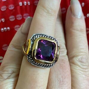 Vintage Stunning Large Amethyst Side 2 Pink Tourmaline Siver Gold Statement Ring
